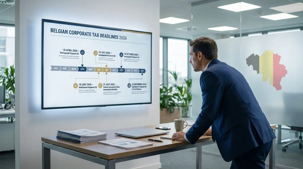 Un homme examine un écran affichant les échéances fiscales des entreprises belges pour 2026 dans un bureau moderne.