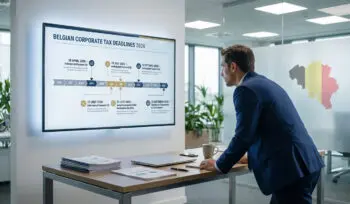 Un homme examine un écran affichant les échéances fiscales des entreprises belges pour 2026 dans un bureau moderne.
