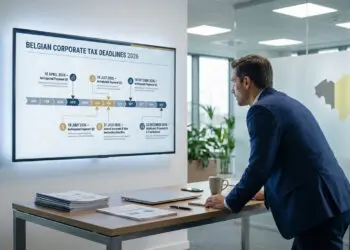 Un homme examine un écran affichant les échéances fiscales des entreprises belges pour 2026 dans un bureau moderne.