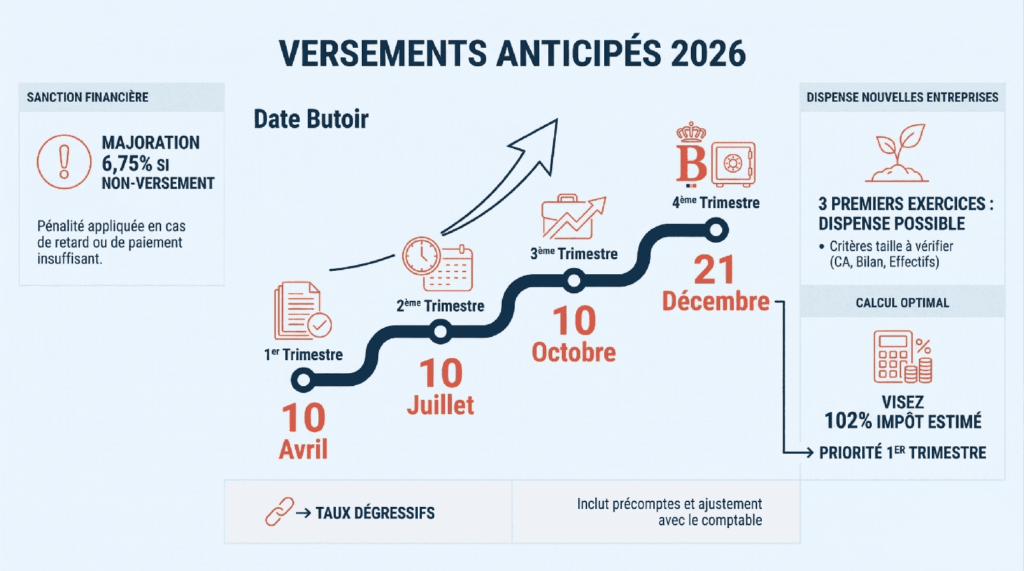 Infographie des dates limites de versements anticipés 2026 en Belgique, pénalités, avantages et conseils pour les entreprises.