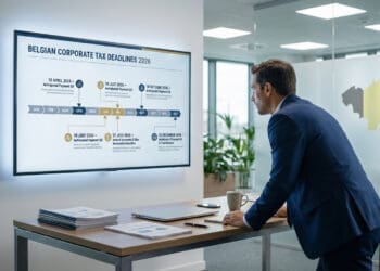 Un homme examine un écran affichant les échéances fiscales des entreprises belges pour 2026 dans un bureau moderne.
